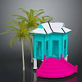 Turquoise Cabin with White Roof and Pink Steps Near Palm Trees