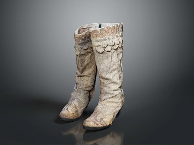 Elegant Light Colored Knee High Boots With Decorative Pattern And Vintage Style Design 3d model
