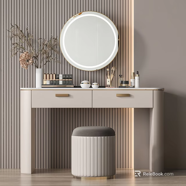 Modern Elegant Dressing Table with Round Mirror Drawers Vase Dried Branches Cosmetics and Padded Stool 3d model 