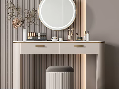 Modern Elegant Dressing Table with Round Mirror Drawers Vase Dried Branches Cosmetics and Padded Stool 3d model