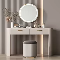 Modern Elegant Dressing Table with Round Mirror Drawers Vase Dried Branches Cosmetics and Padded Stool