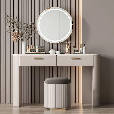 Modern Elegant Dressing Table with Round Mirror Drawers Vase Dried Branches Cosmetics and Padded Stool 3d model