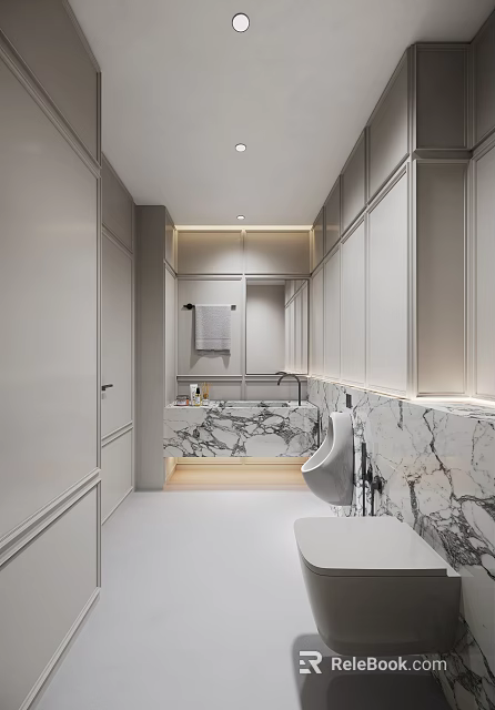 Modern Bathroom Interior Design With Marble Countertop White Cabinets And Wall Mirror 3d model 