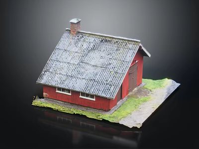 Red Residential House Model With Gray Roof Chimney Grass And Path 3d model