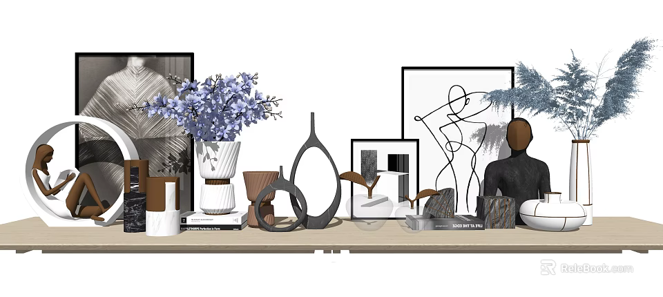 Elegant Decorative Ornament Set with Ceramic Vase Abstract Sculpture Framed Art and Dried Flower Arrangements 3d model 