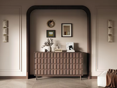 Entryway Cabinet Sideboard with Tufted Design by Arched Doorway Wall Framed Art Vase Books 3d model