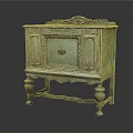 Vintage Entryway Console Cabinet In Light Green With Carved Details And Red Handle