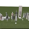 Fashion Mannequins Showcasing Clothes On Green Grass With Clothing Racks And Black Background