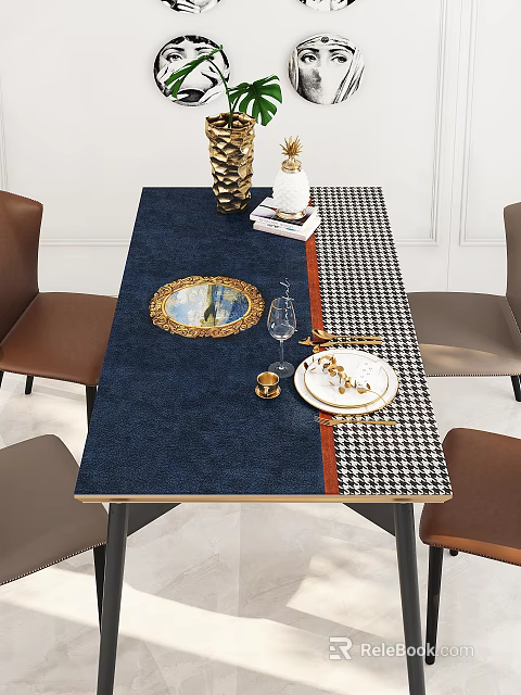 Dining Table Set With Blue Houndstooth Tablecloth Golden Plates Wine Glass And Brown Chairs 3d model 