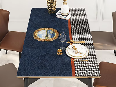 Dining Table Set With Blue Houndstooth Tablecloth Golden Plates Wine Glass And Brown Chairs 3d model