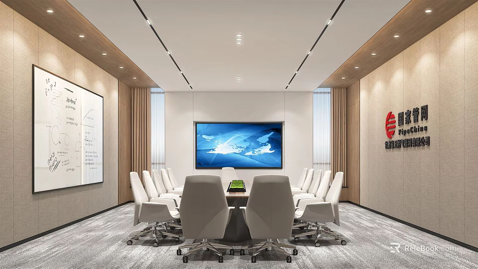 Modern Conference Room Interior Design With Large Screen White Chairs And Company Logo 3d model 