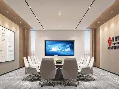 Modern Conference Room Interior Design With Large Screen White Chairs And Company Logo 3d model