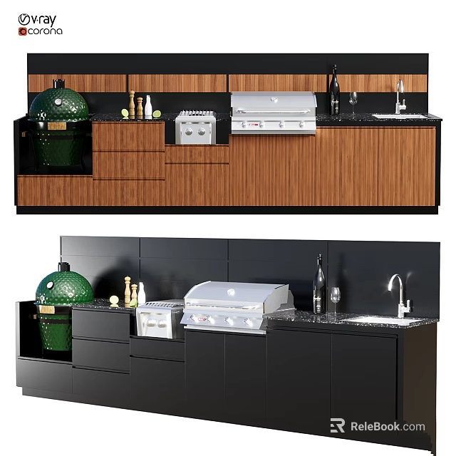 Modern Kitchen Cooking Appliances With Green Grill Sink And Wooden Black Countertop Cabinets 3d model 