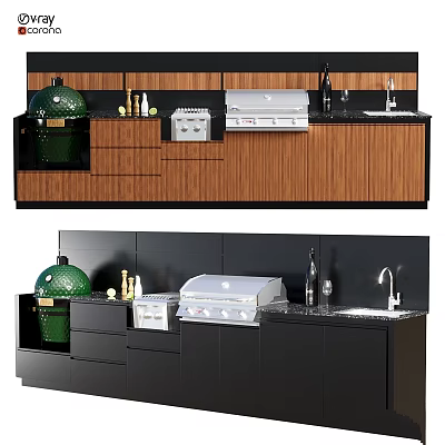Modern Kitchen Cooking Appliances With Green Grill Sink And Wooden Black Countertop Cabinets 3d model