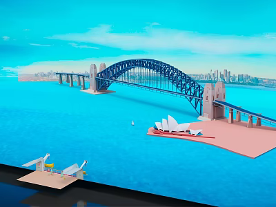 Beautiful Blue Ocean Scene with Sydney Harbour Bridge and Opera House Under Clear Sky 3d model