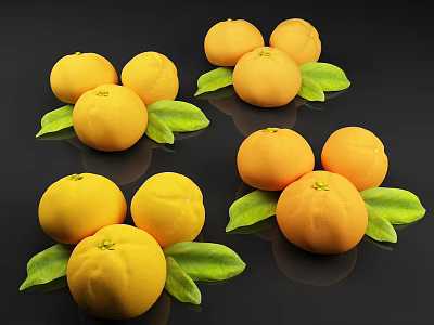 Fresh Juicy Oranges With Green Leaves Arranged In Groups On Black Background 3d model