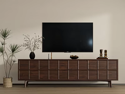 Modern Wooden TV Stand With TV Potted Plant And Decorative Ornaments 3d model