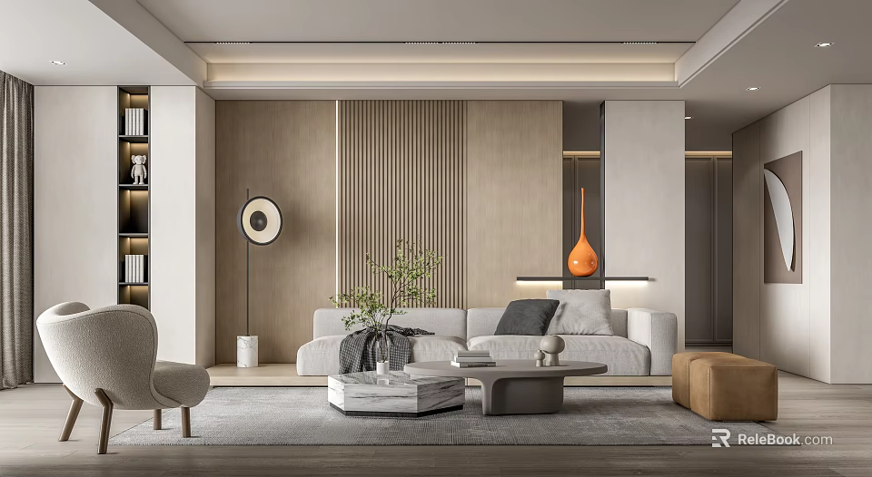 Modern Living Room Interior With Beige Sofa Wooden Coffee Table Floor Lamp And Green Plants 3d model 