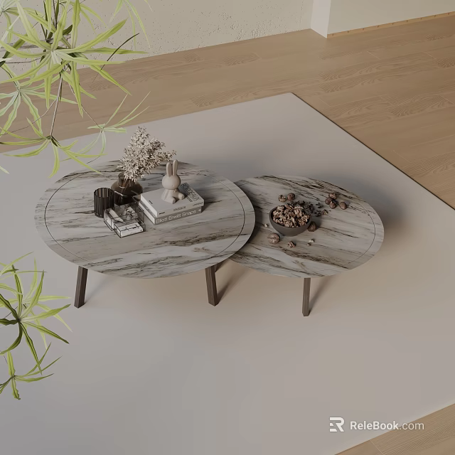 Modern Sofa Coffee Table Set With Oval Marble Tops And Decorative Green Plants 3d model 