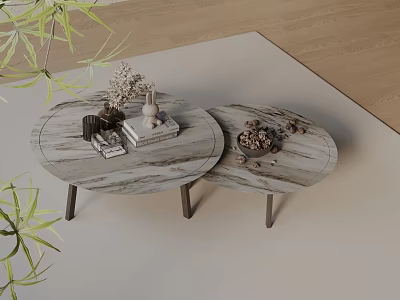 Modern Sofa Coffee Table Set With Oval Marble Tops And Decorative Green Plants 3d model