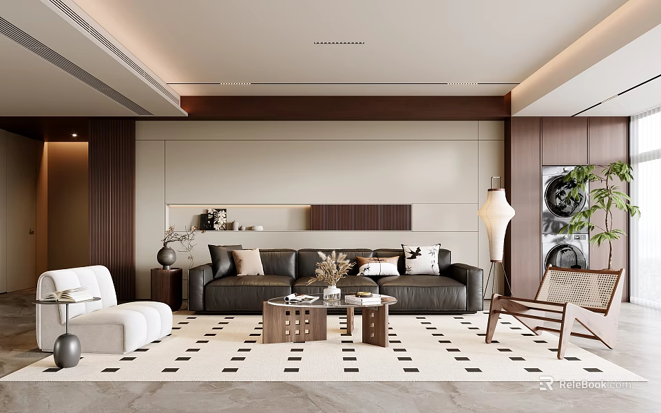 Modern Minimalist Living Room Interior With Black Sofa White Armchair And Black White Patterned Rug 3d model 