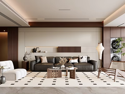 Modern Minimalist Living Room Interior With Black Sofa White Armchair And Black White Patterned Rug 3d model