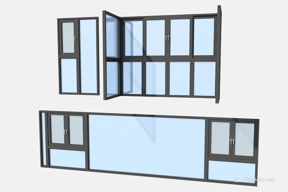 Modern Casement Windows With Black Frames And Glass Panels In Open Closed Styles 3d model 