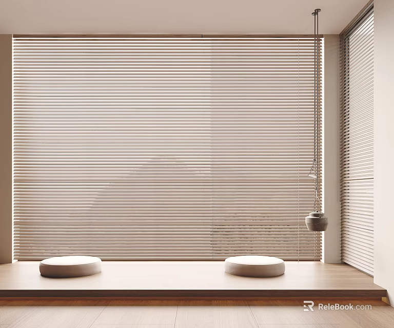 Modern Home Interior Featuring Light Colored Venetian Blinds On Window With Wooden Windowsill And Round Stools 3d model 