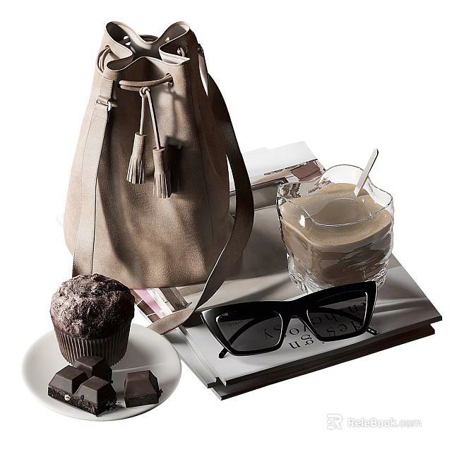 Stylish Tableware Set with Glass Drink Muffin Chocolate Sunglasses Bag and Magazines 3d model 