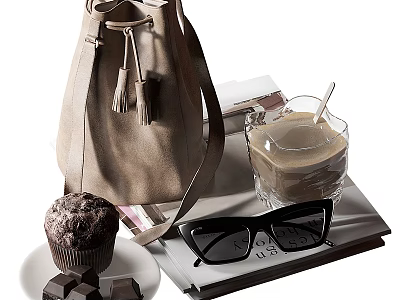 Stylish Tableware Set with Glass Drink Muffin Chocolate Sunglasses Bag and Magazines 3d model