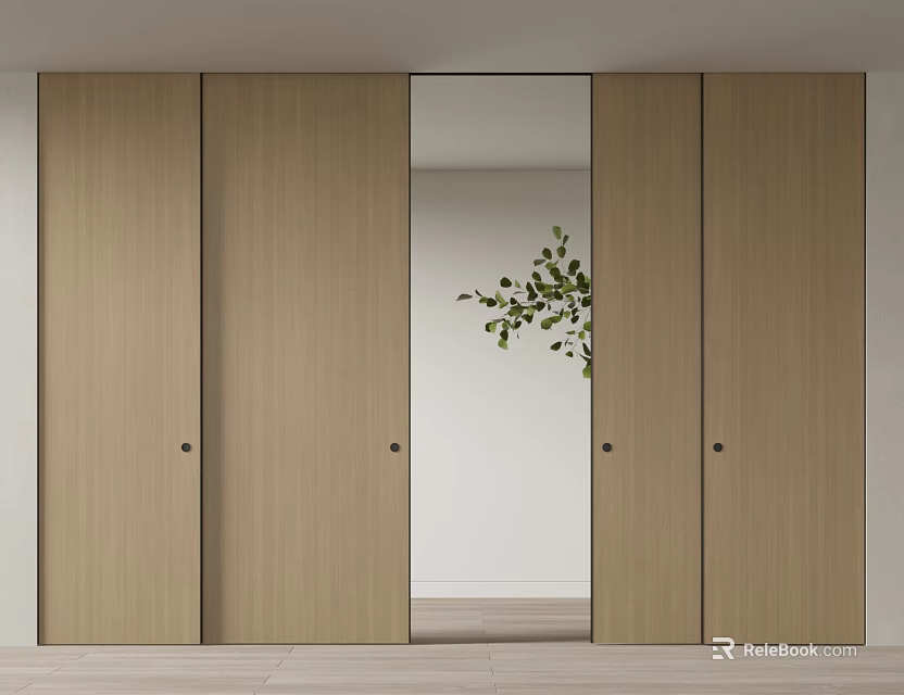 Modern Wooden Sliding Doors With Glass Panel And Green Plant Interior Design 3d model 