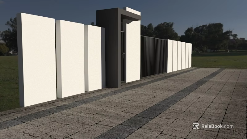 Modern Building Exterior Wall With White Panels Black Metal Elements And Paved Walkway Design 3d model 