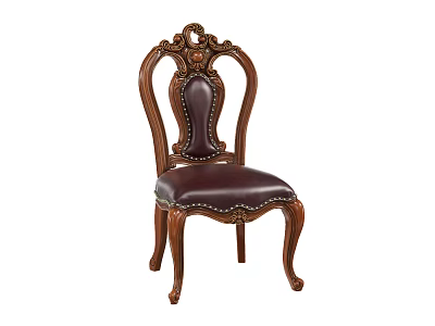 Classical Style Dining Chair With Carved Wooden Frame And Dark Leather Seat 3d model