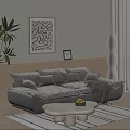 Modern Grey Sofa And Coffee Table Set With Round Marble Top Plush Cushions Throw Blanket 3d model