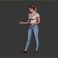 Woman Gesturing In Grey Background Wearing White Printed T Shirt And Blue Jeans