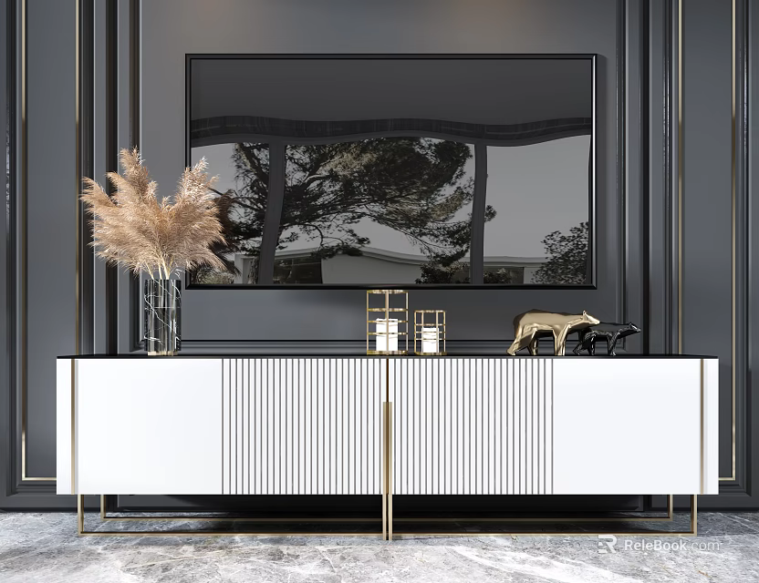 White TV Stand with Gold Accents Pampas Grass Deer Figurine Large TV on Dark Walls 3d model 