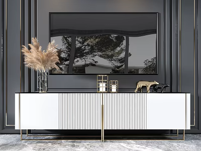 White TV Stand with Gold Accents Pampas Grass Deer Figurine Large TV on Dark Walls 3d model