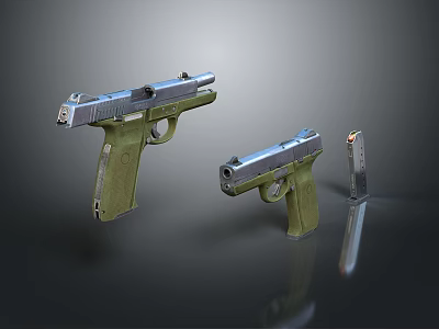 Two Green Grip Silver Barrel Pistols And Magazine Isolated On Dark Background 3d model