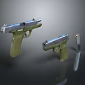 Two Green Grip Silver Barrel Pistols And Magazine Isolated On Dark Background