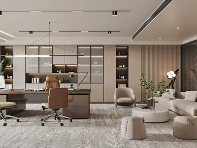 Modern Office Interior Design With Wooden Desk Ergonomic Chair Bookshelves And Pendant Lights 3d model