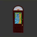 Red Arched Front Door with Colorful Stained Glass Panel Vibrant Blue Green Yellow Patterns