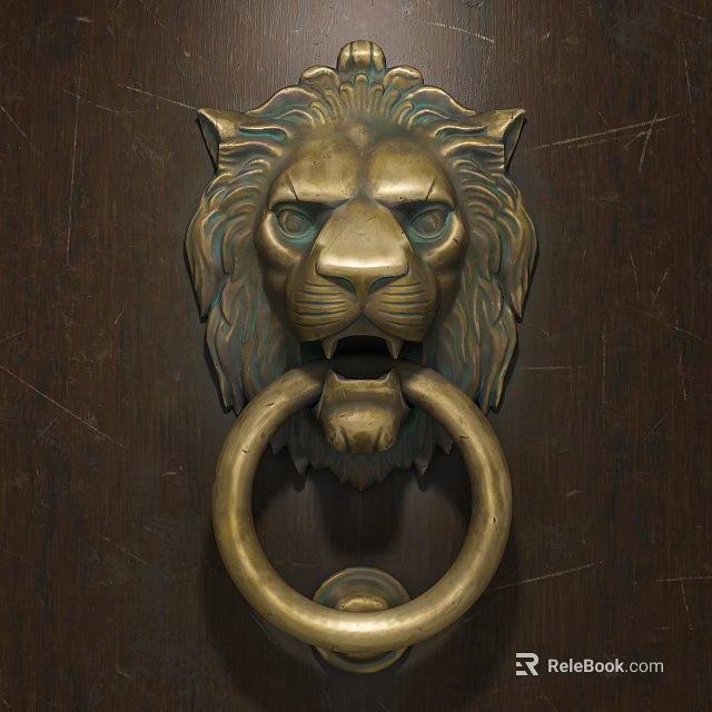 Ornate Vintage Brass Lion Head Door Knocker on Dark Wooden Door Panel 3d model 