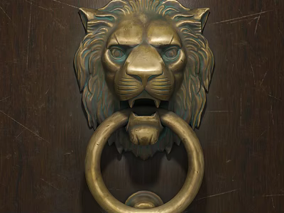 Ornate Vintage Brass Lion Head Door Knocker on Dark Wooden Door Panel 3d model