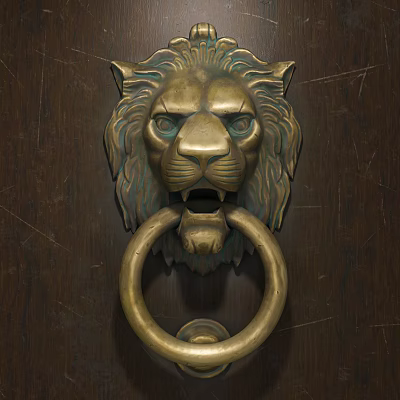Ornate Vintage Brass Lion Head Door Knocker on Dark Wooden Door Panel 3d model