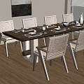 Dining Table With Rattan Chairs Wooden Frame Tableware Wall Art And Window 3d model