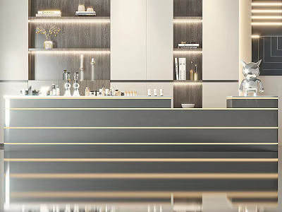 Modern Bar Counter Interior With Wooden Shelves White Cabinets And LED Lighting Decorations 3d model