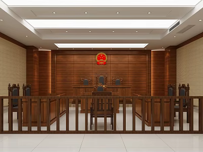 Courtroom Interior Design With Wooden Backdrop Red Emblem Judge's Bench And Seats 3d model