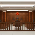 Courtroom Interior Design With Wooden Backdrop Red Emblem Judge's Bench And Seats