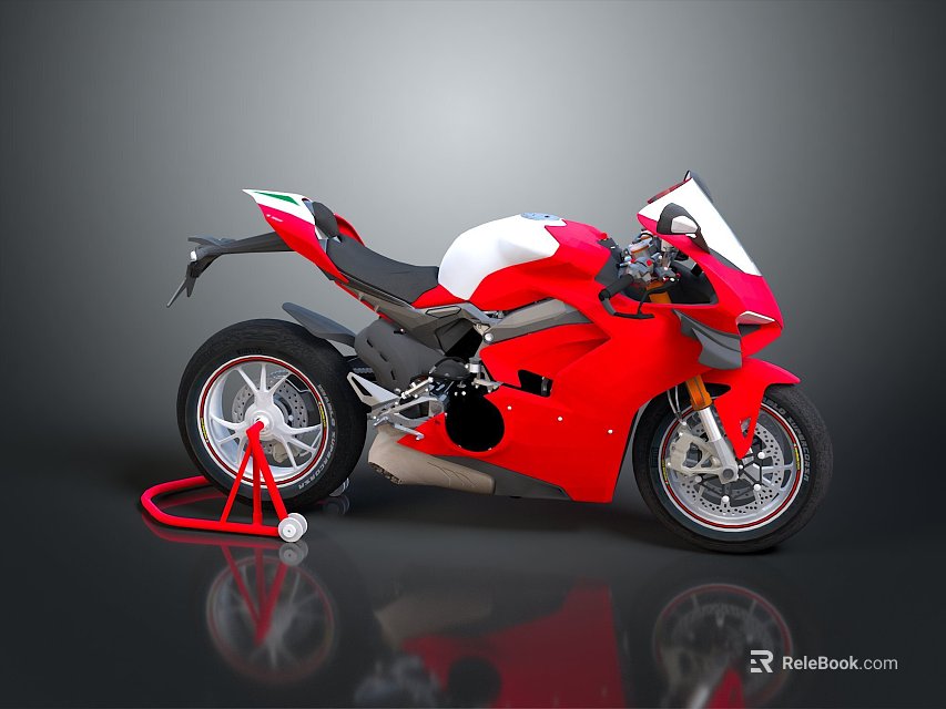 Sleek Red and White Motorcycle with Black Seat Red Stand and Reflection on Dark Background 3d model 