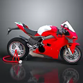 Sleek Red and White Motorcycle with Black Seat Red Stand and Reflection on Dark Background